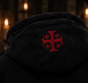 Close-up of the red embroidered Jerusalem cross on the hood