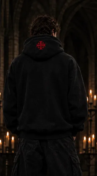 Psalm 144:1 Hoodie, back, red Jerusalem cross on the hood
